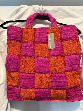 NWT Mar y Sol Pink & Orange Checker Crochet Tote